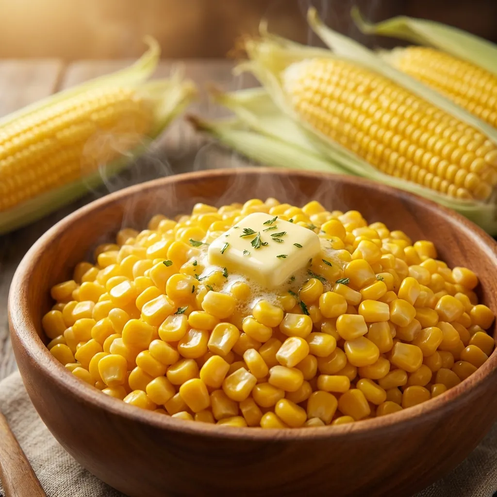 Bowl of hand-peeled sweet corn kernels with butter, next to fresh corn cobs
